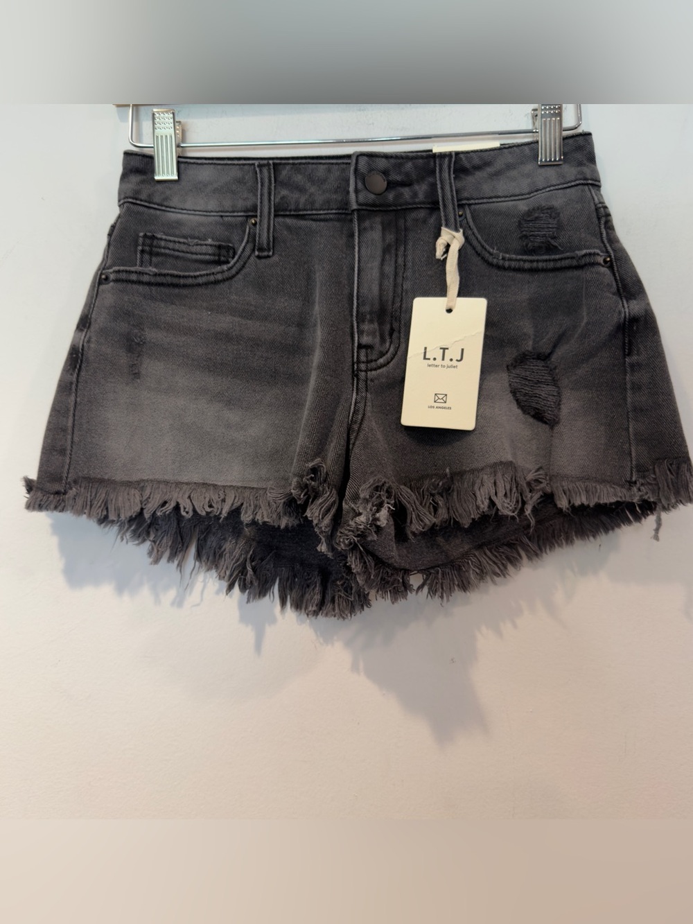 L.T.J. Washed Black Frayed Distressed Denim Shorts